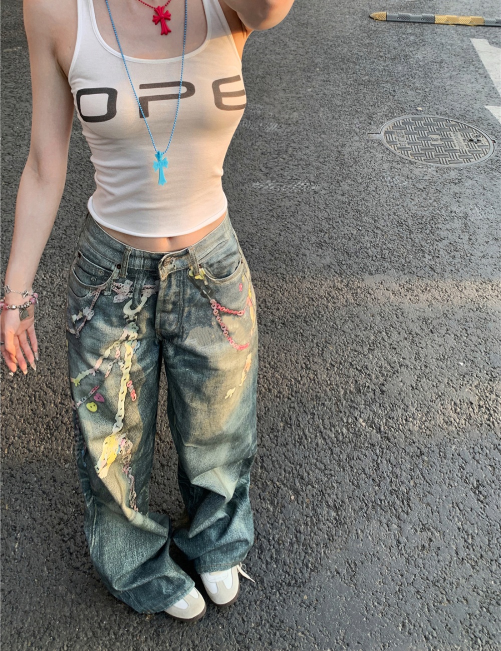 Sling couples printing vest wide leg straight jeans a set