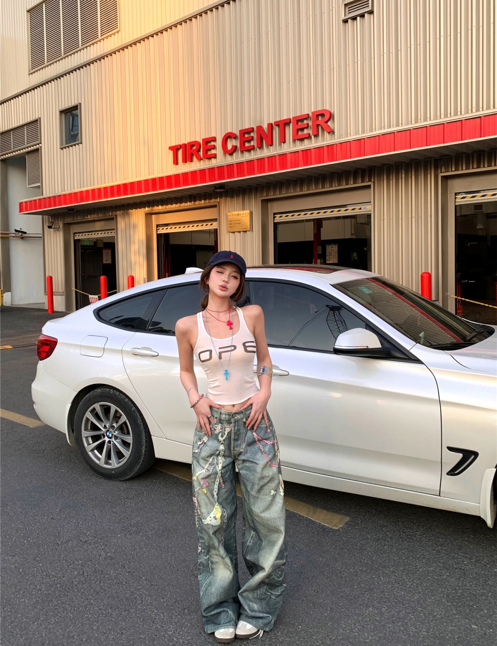 Sling couples printing vest wide leg straight jeans a set