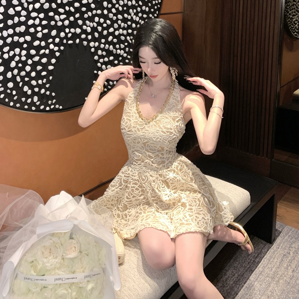 Pinched waist luxurious beading crochet slim sequins dress
