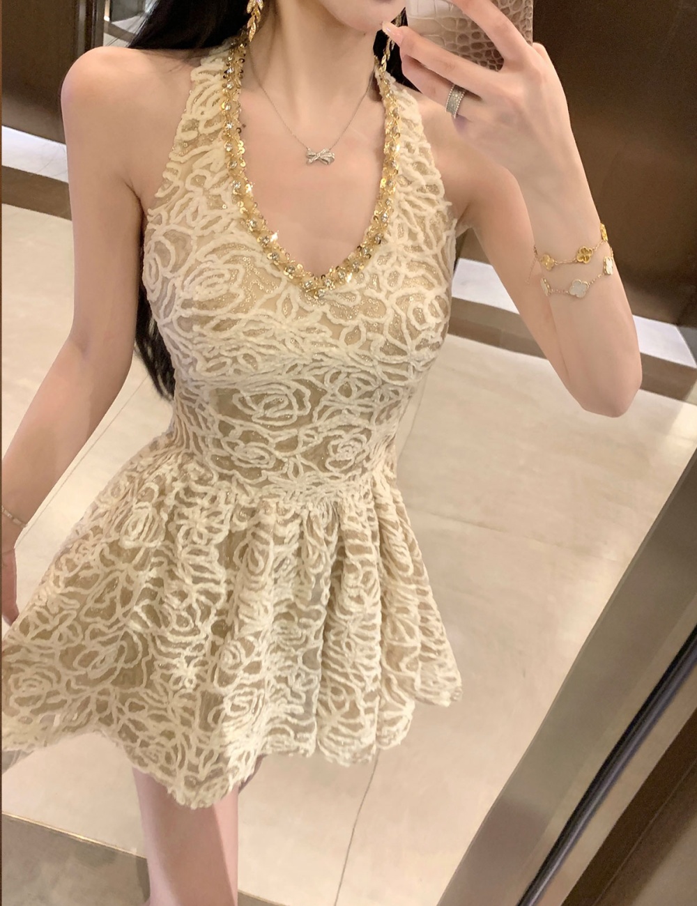 Pinched waist luxurious beading crochet slim sequins dress