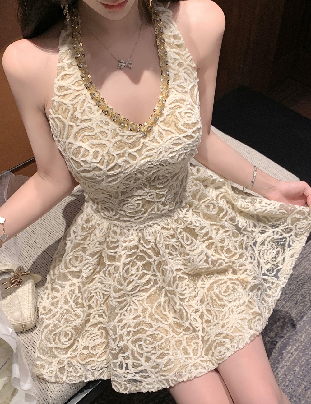 Pinched waist luxurious beading crochet slim sequins dress