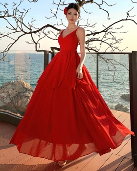 Lotus leaf edges V-neck long dress sling halter dress
