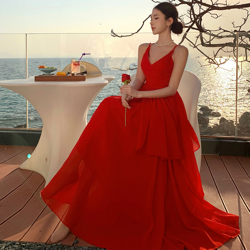 Lotus leaf edges V-neck long dress sling halter dress