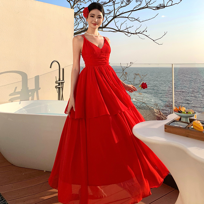 Lotus leaf edges V-neck long dress sling halter dress