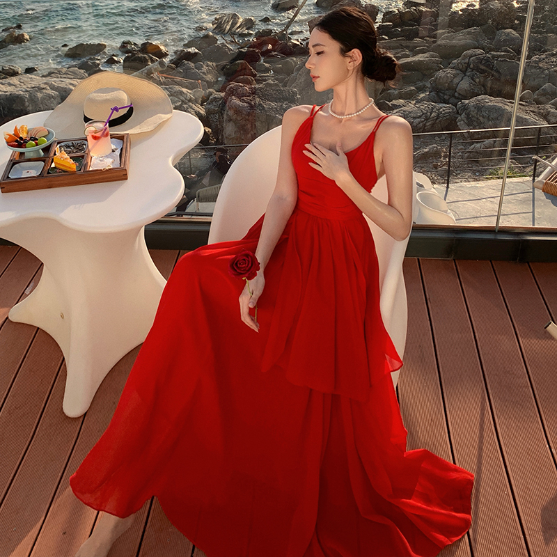 Lotus leaf edges V-neck long dress sling halter dress