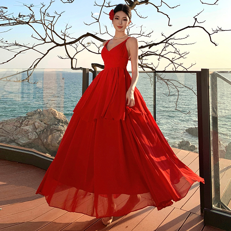 Lotus leaf edges V-neck long dress sling halter dress