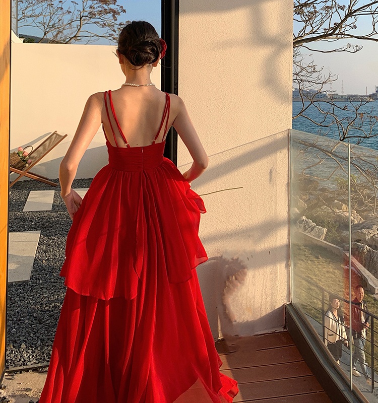 Lotus leaf edges V-neck long dress sling halter dress