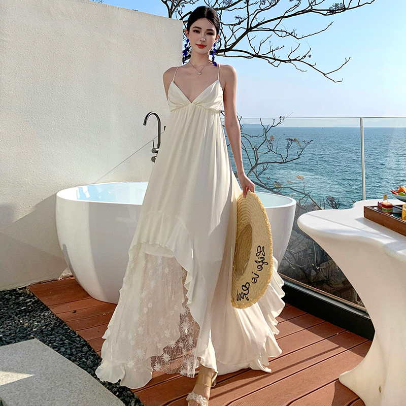 France style retro lace dress sling niche V-neck long dress