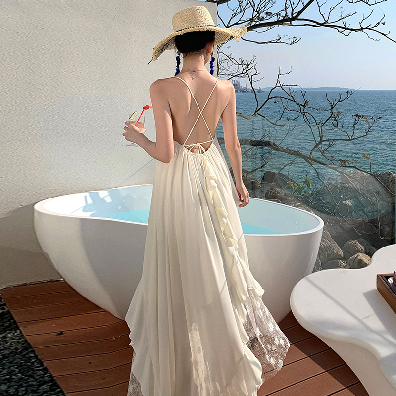 France style retro lace dress sling niche V-neck long dress