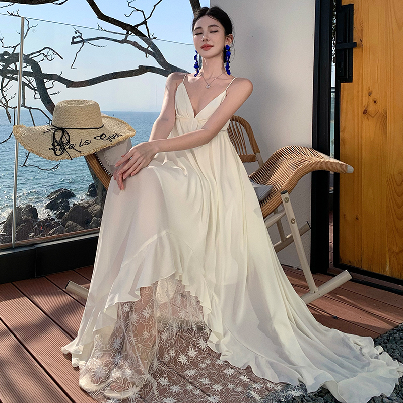 France style retro lace dress sling niche V-neck long dress