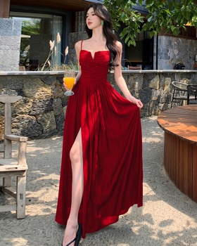 Sling hollow dress V-neck pinched waist long dress