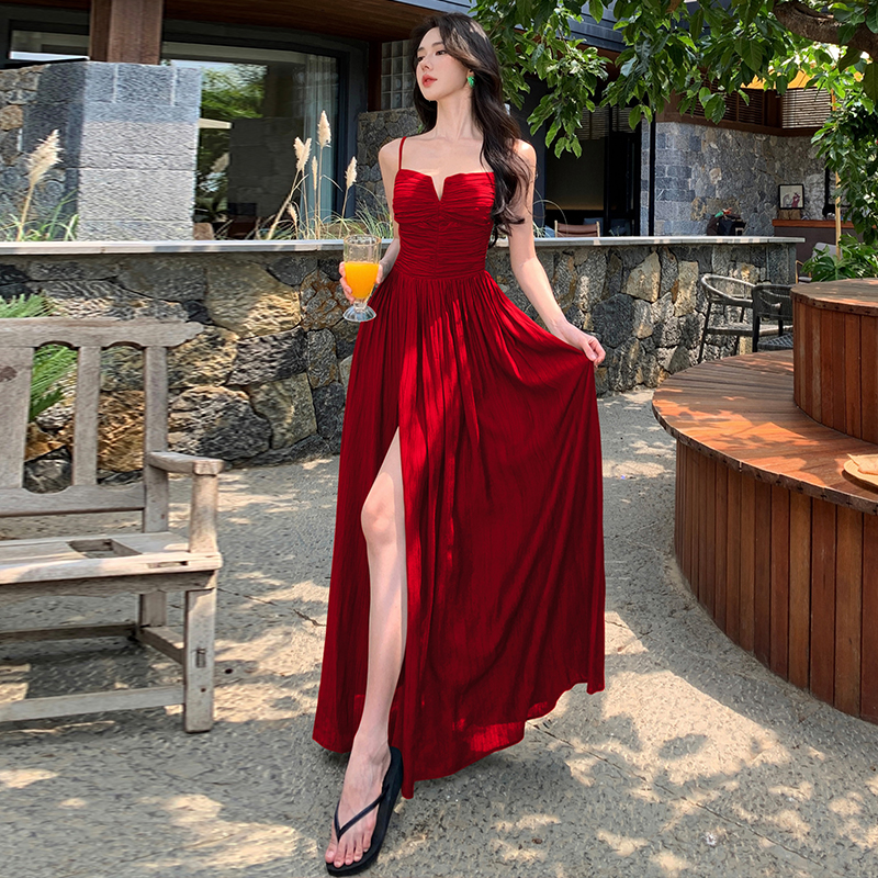 Sling hollow dress V-neck pinched waist long dress