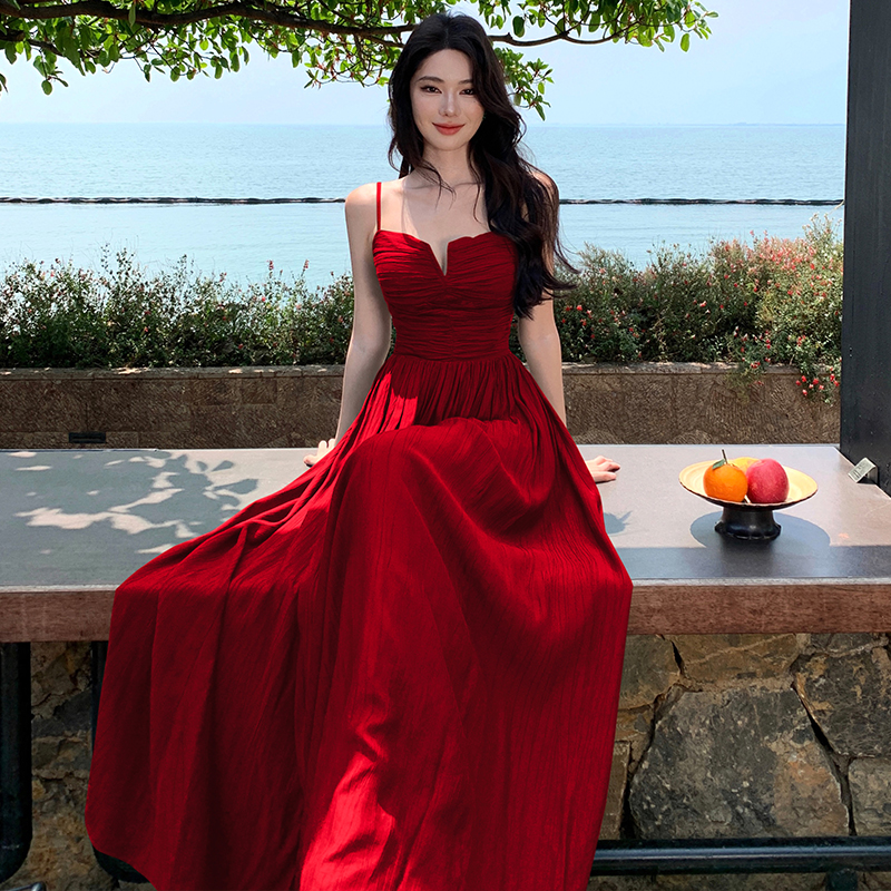 Sling hollow dress V-neck pinched waist long dress