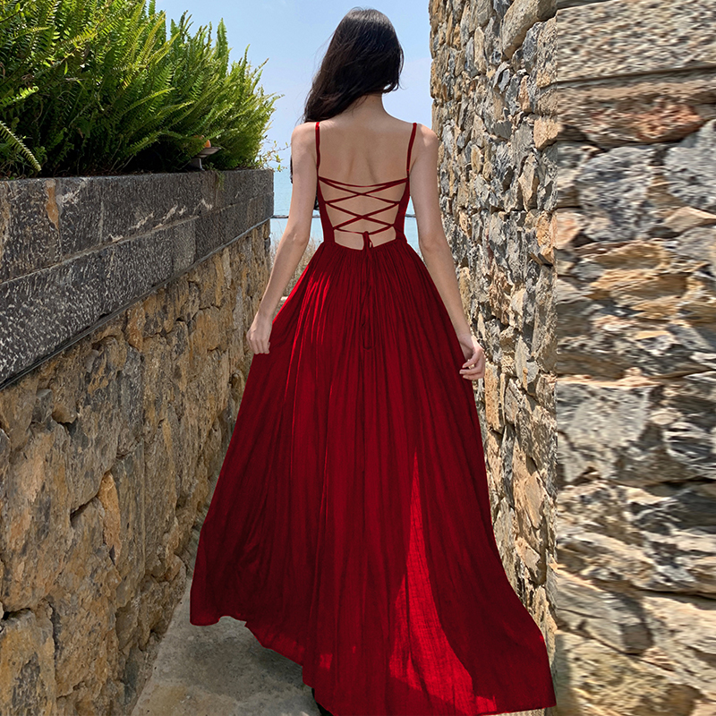 Sling hollow dress V-neck pinched waist long dress
