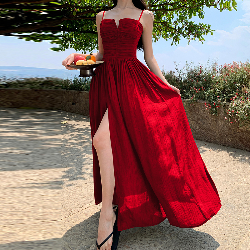 Sling hollow dress V-neck pinched waist long dress