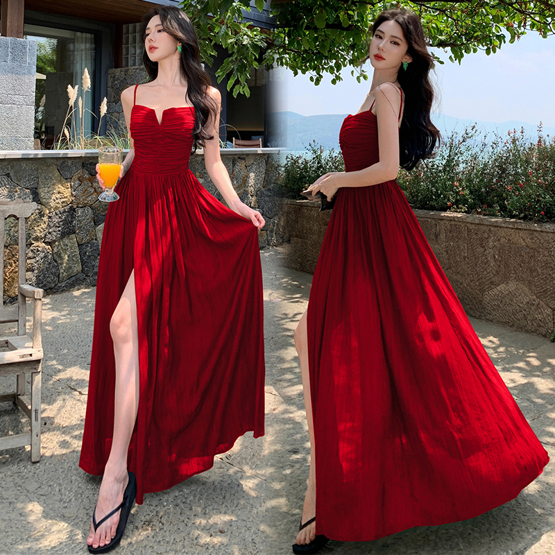 Sling hollow dress V-neck pinched waist long dress
