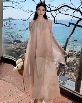 Splice halter sleeveless dress satin irregular long dress