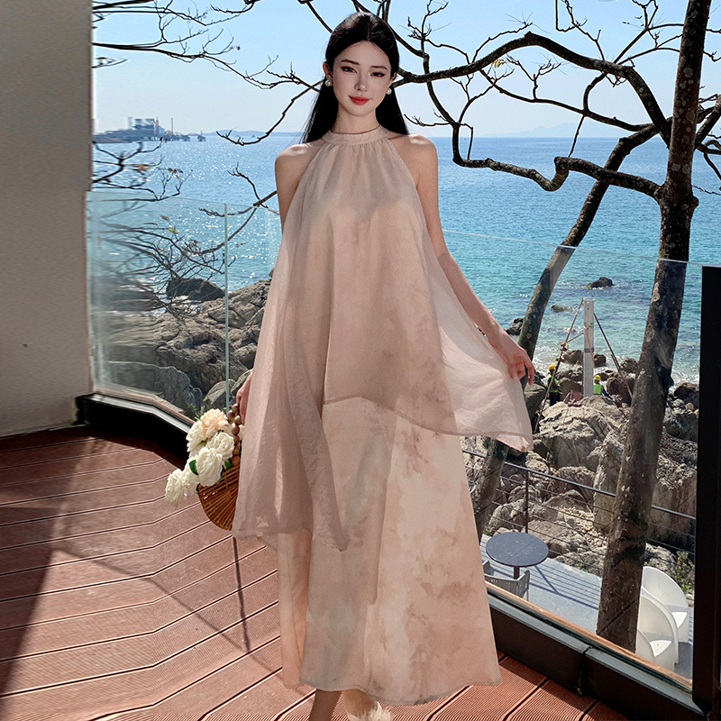 Splice halter sleeveless dress satin irregular long dress