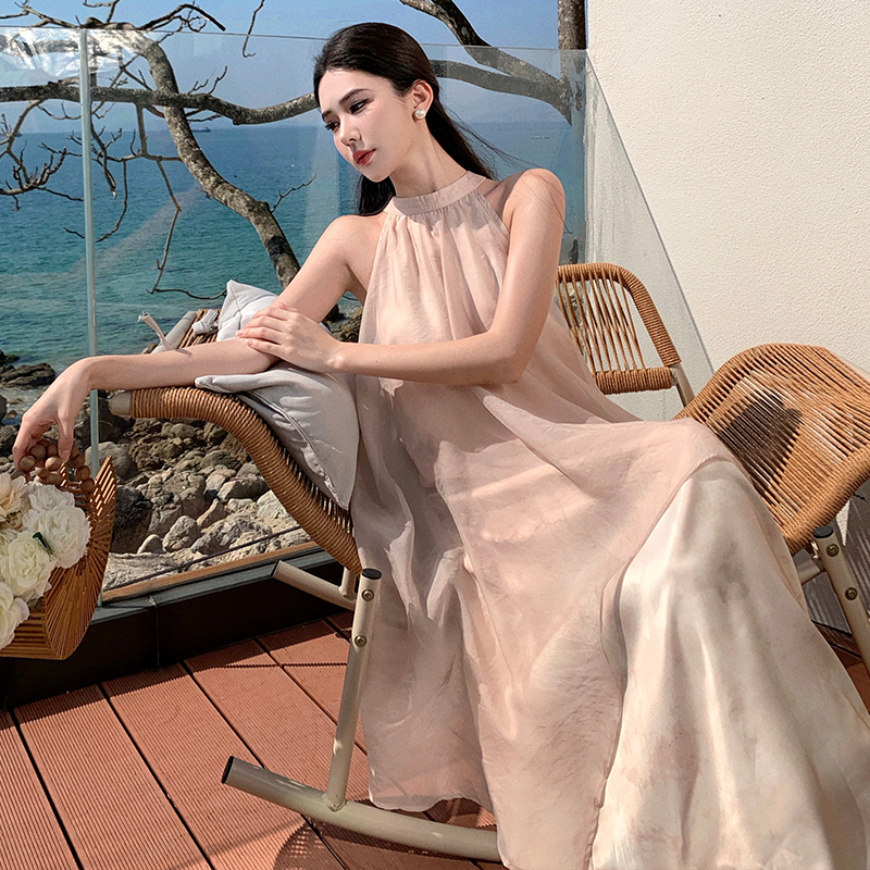 Splice halter sleeveless dress satin irregular long dress