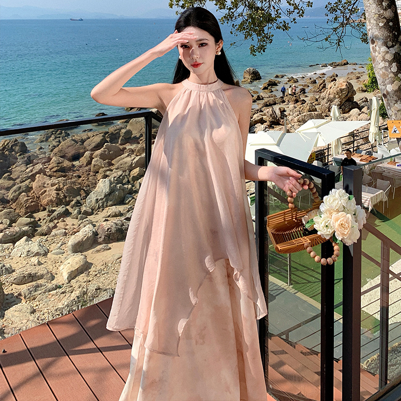 Splice halter sleeveless dress satin irregular long dress