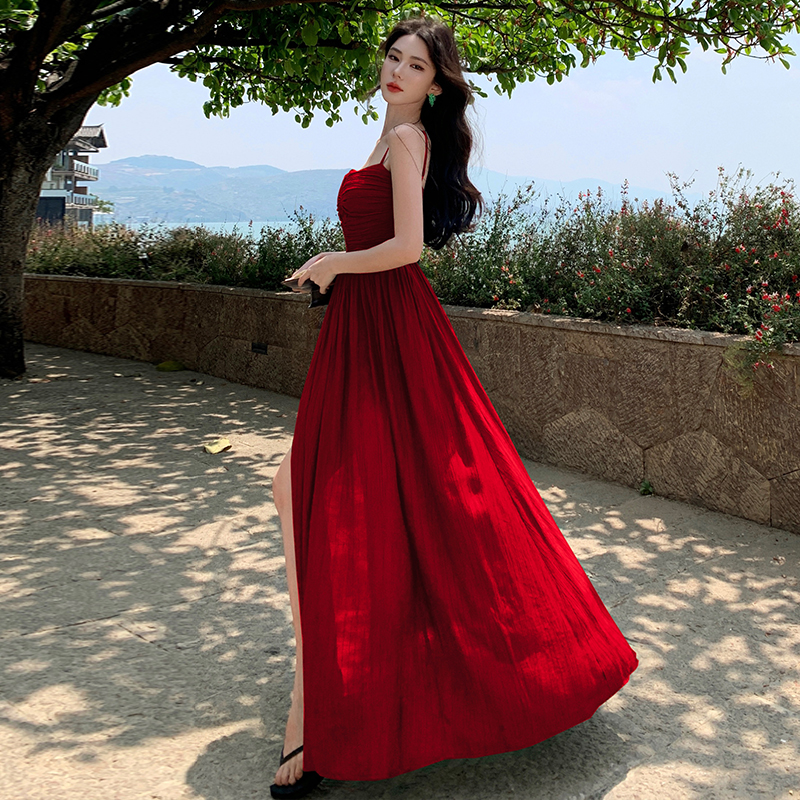 Bandage pinched waist seaside long dress sexy V-neck dress
