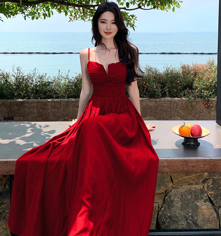 Bandage pinched waist seaside long dress sexy V-neck dress