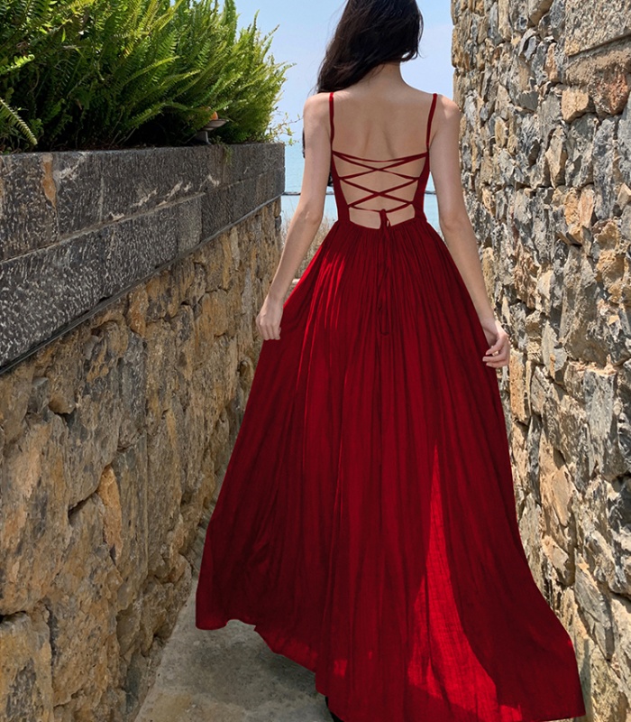 Bandage pinched waist seaside long dress sexy V-neck dress