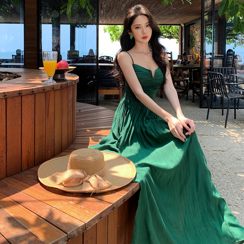 Bandage pinched waist seaside long dress sexy V-neck dress