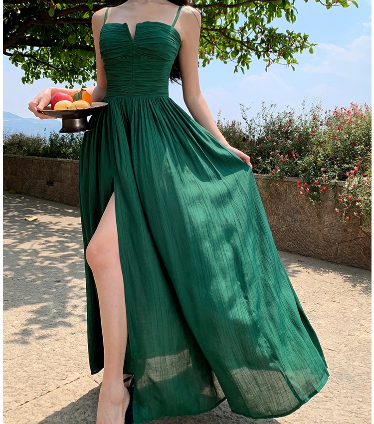 Bandage pinched waist seaside long dress sexy V-neck dress