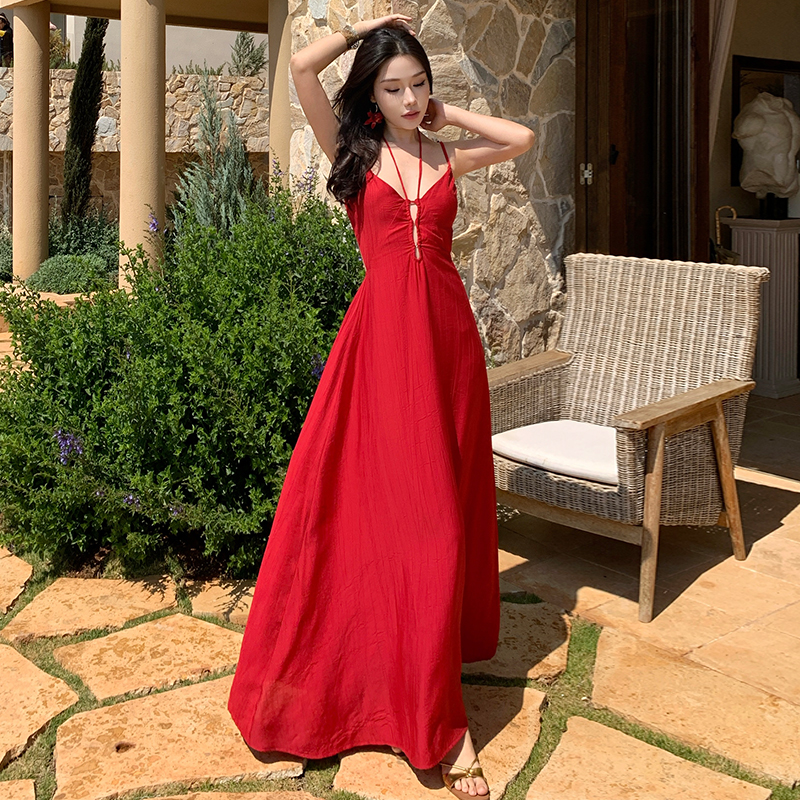 Sling vacation summer long dress sexy big skirt dress