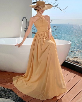 Halter long banquet formal dress crimp sexy dress