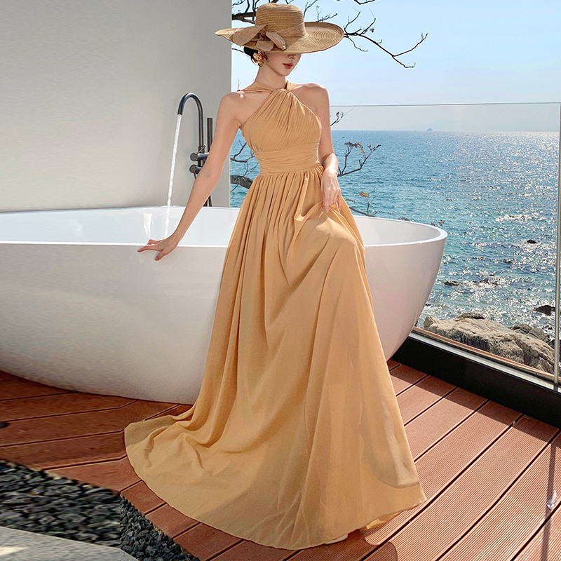 Halter long banquet formal dress crimp sexy dress