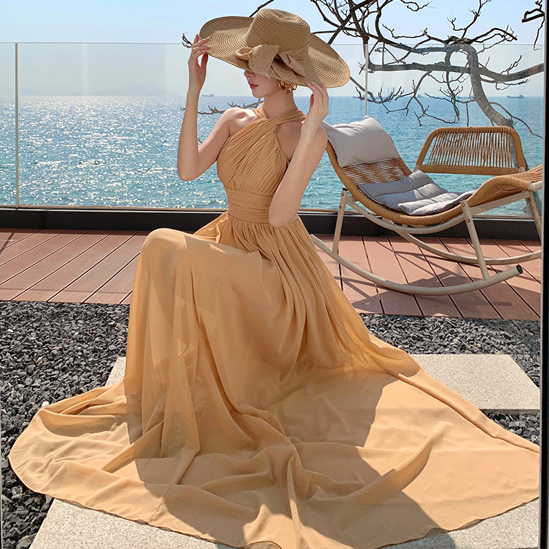 Halter long banquet formal dress crimp sexy dress