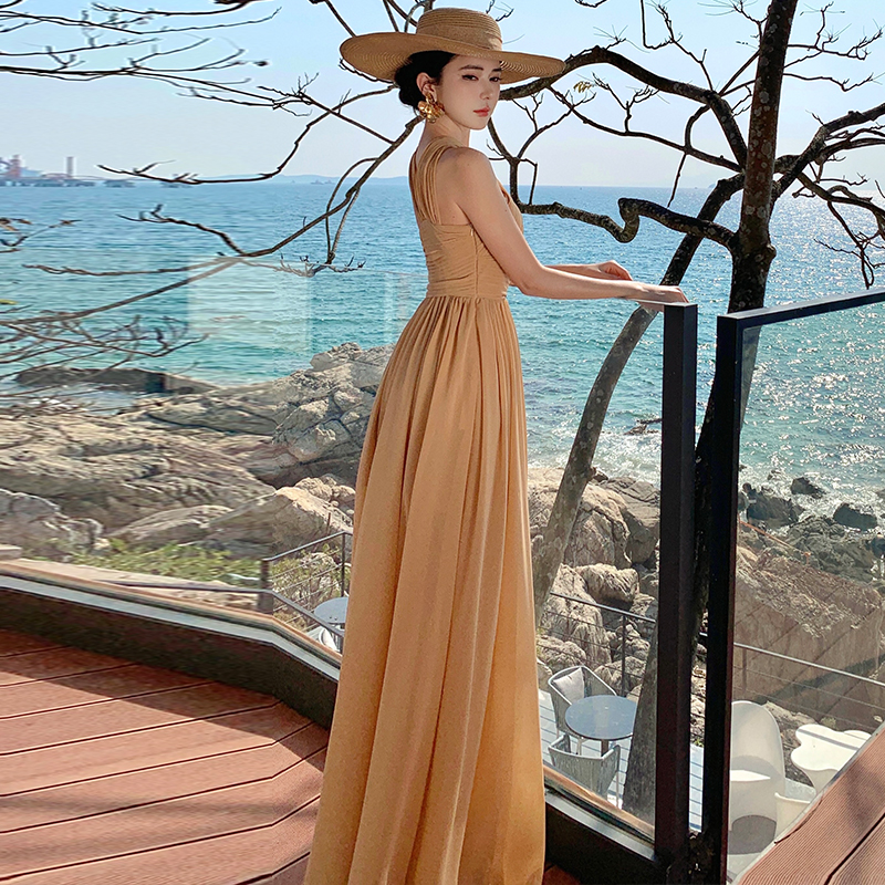 Halter long banquet formal dress crimp sexy dress