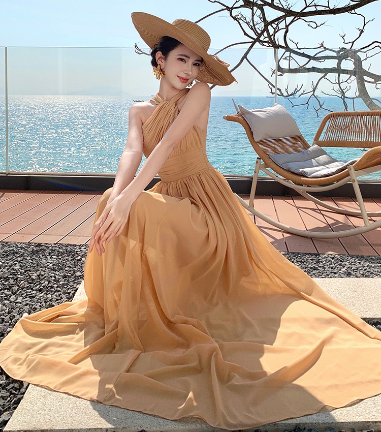 Halter long banquet formal dress crimp sexy dress