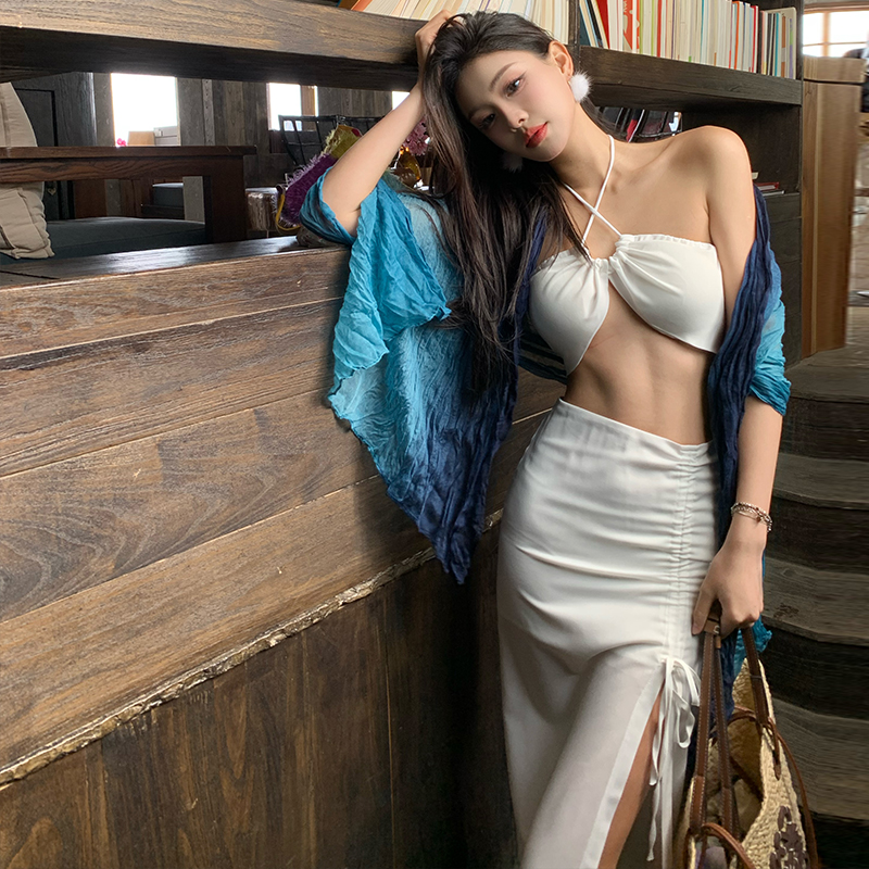 Sling wrapped chest dress sandy beach tops a set