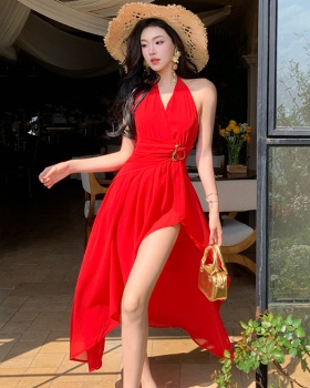 Halter split sexy long dress vacation V-neck dress for women