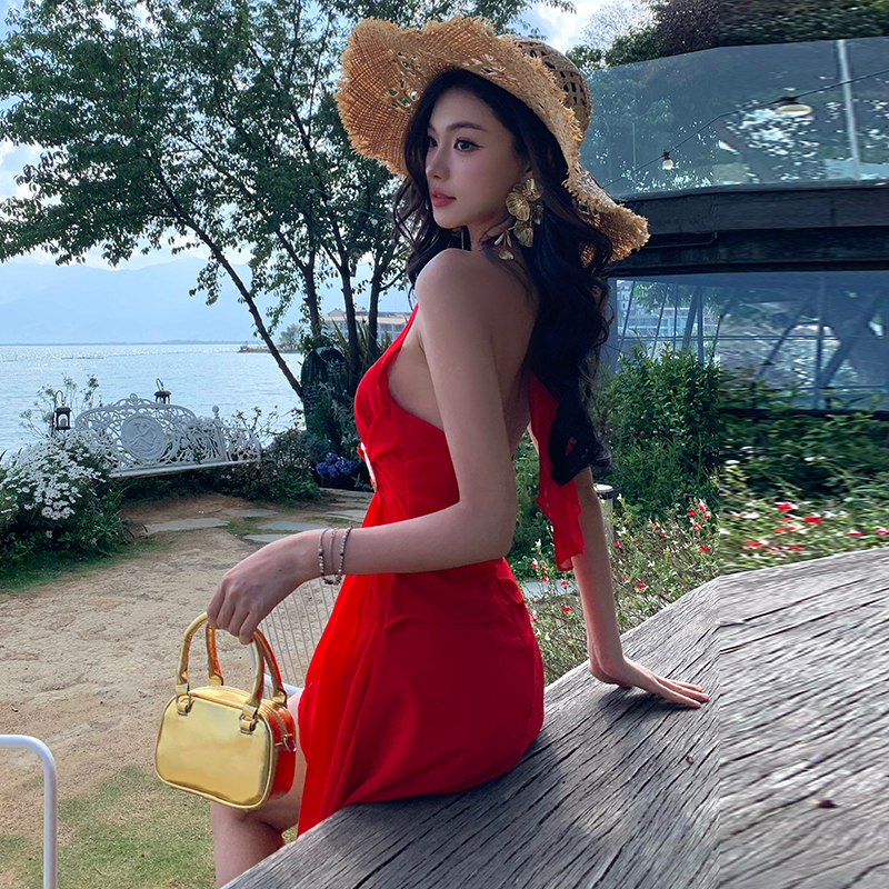 Halter split sexy long dress vacation V-neck dress for women