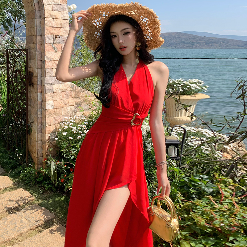 Halter split sexy long dress vacation V-neck dress for women