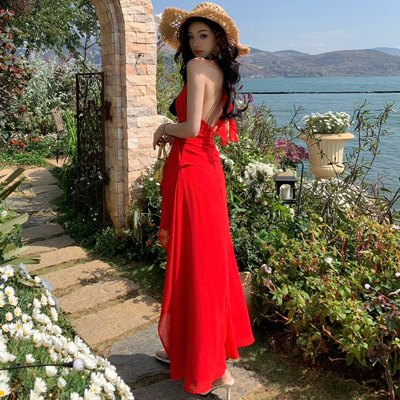 Halter split sexy long dress vacation V-neck dress for women