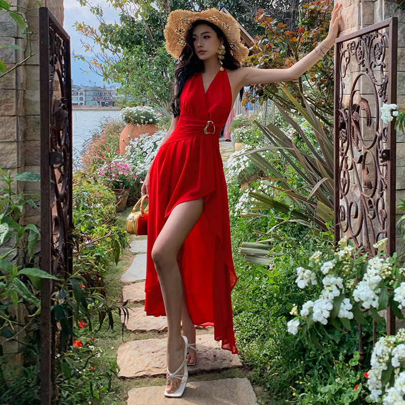 Halter split sexy long dress vacation V-neck dress for women