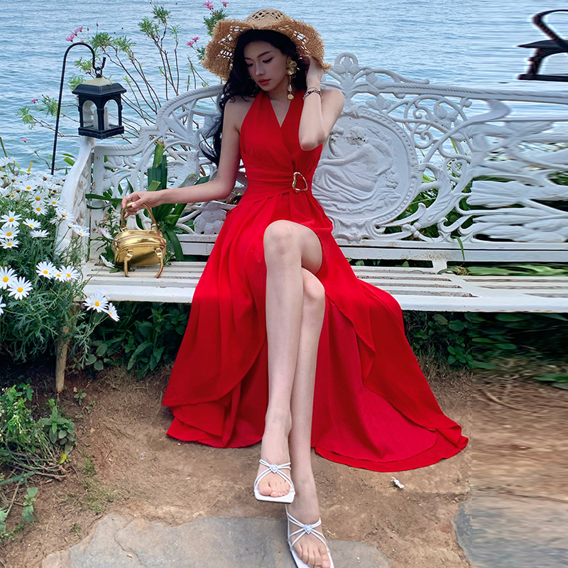 Halter split sexy long dress vacation V-neck dress for women