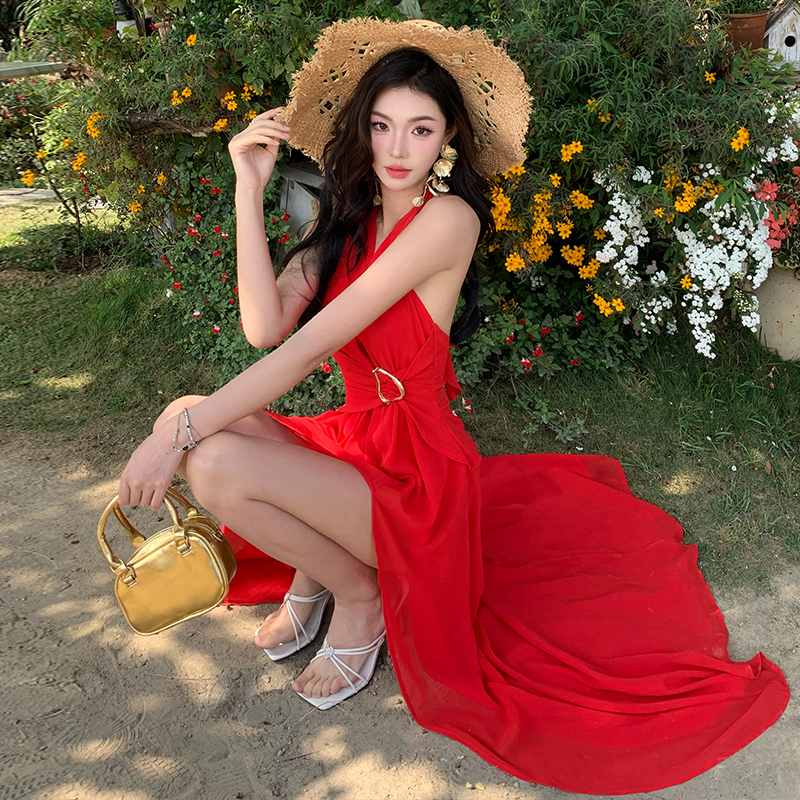 Halter split sexy long dress vacation V-neck dress for women