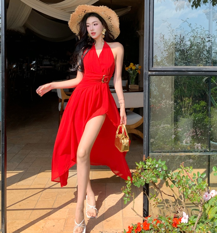 Halter split sexy long dress vacation V-neck dress for women