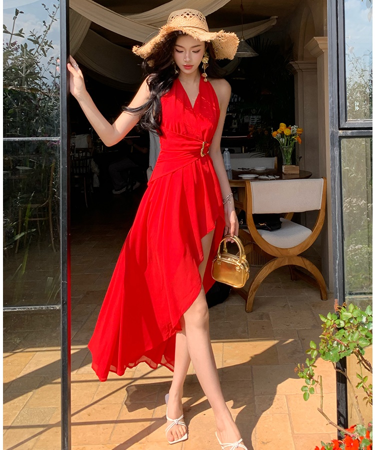 Halter split sexy long dress vacation V-neck dress for women