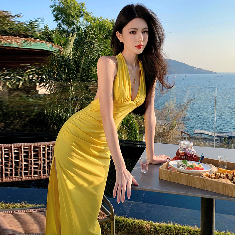 Split yellow sexy formal dress retro V-neck dress