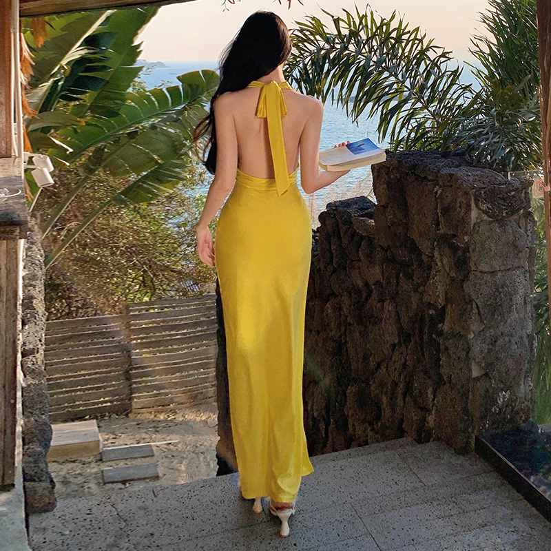 Split yellow sexy formal dress retro V-neck dress