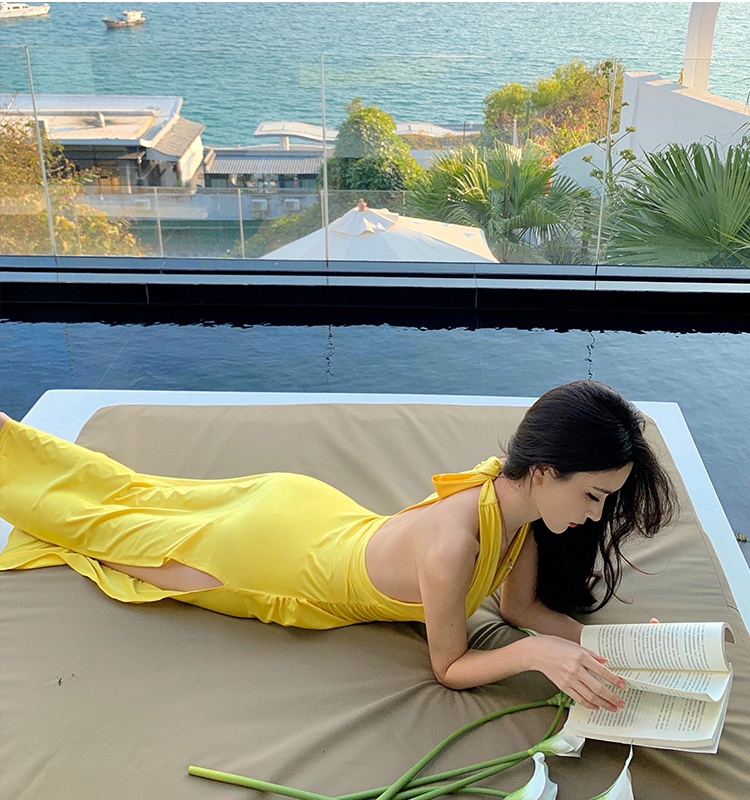 Split yellow sexy formal dress retro V-neck dress