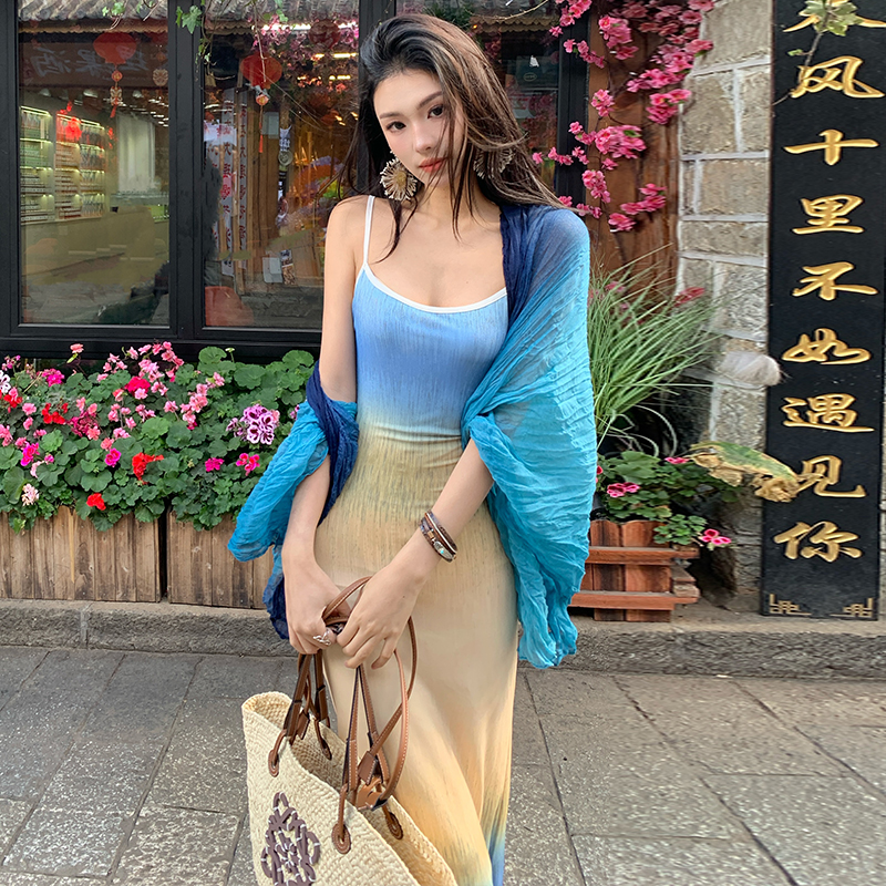 Gradient temperament summer blue niche mermaid slim dress