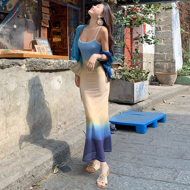 Gradient temperament summer blue niche mermaid slim dress